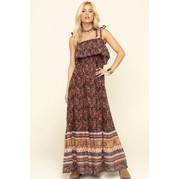 Free People Dresses & Skirts - Free People Baby Doll Maxi Purple Paisley Floral Cotton Dress Tie Strap M
